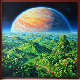 beautiful landscape mural of an alien planet, lush landscape, vivid colors, intricate, highly detailed, masterful, fantasy world, in the style of sandro botticelli, caravaggio, albrecth durer