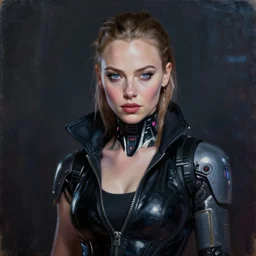 scarlett johannsen as a cyberpunk cyborg fashion model portrait, hyperrealism oil painting, artstation