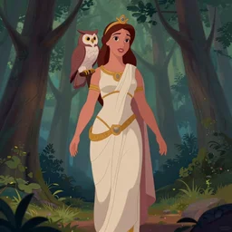 full body shot of the goddess athena with owl on shoulder, pine forest, cel shaded vector art, toon shading, behance, hd by lois van baarle, artgerm, helen huang, by ilya kuvshinov, rossdraws, disney princess, disney animation still