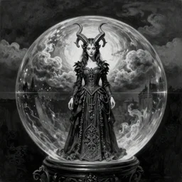 By Tom Bagshaw, ultra realist soft painting of curiosities festival by night, very beautiful dual horned single female in long gothic dress glass sphere, symmetry accurate features, very intricate details, omnious sky, black and white, volumetric light clouds