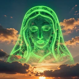 beatuiful sunset clouds made from neon green virgin mary face