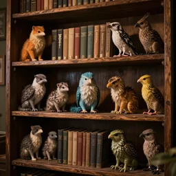 a bookshelf of wonderful magical creatures, cinematic lighting, detailed, 4 k
