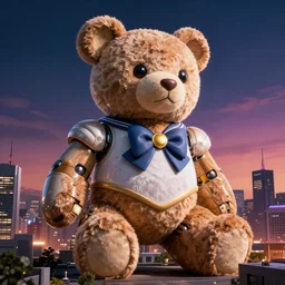 giant mechanical teddy bear looming over neo - tokyo, sailormoon gradient, trending on art station, moebius