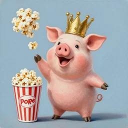 lisa frank action pose pig wearing a gold crown throwing pop corn painting by android jones