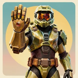 Master chief from halo, holding the infinity gauntlet up, 1970s vintage art,