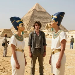 a rare candid scene taken of the actors playing young nefertiti and tutankhamun in casual clothes at the construction of the khufu pyramid talking to workers from the latest award winning christopher nolan film'before they were pharohes ', dslr