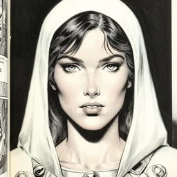 closeup portrait of a female space priestess by arthur adams and moebius and chip zdarsky, stunning, comic, pen and ink, slash page, highly detailed