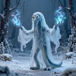 ethereal ghostly live action muppet wraith like figure with a parasitic squid head with two very long tentacles for arms that flow gracefully at its sides with a long fuzzy snake tail body, it stalks around the frozen tundra searching for lost souls and that hide in the shadows in the trees, this character uses hydrokinesis and electrokinesis, it is a real muppet by sesame street, photo realistic, real, realistic, felt, stopmotion, photography, sesame street