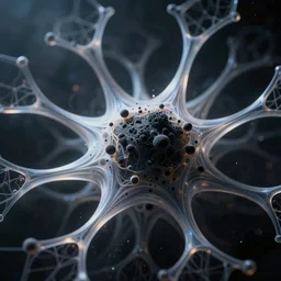 abstract black hole in space, rhizomatic network, simulation, volumetric, physical particles, translucence, cinematic lighting, iridescence