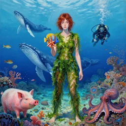 tall emo woman holding a tropical fish and a starfish in ishigaki okinawa, covered in seaweed, coral reef, summer, whale, schools of fish, scuba, pigs, octopus, acrylic on canvas, surrealist, by magritte and monet