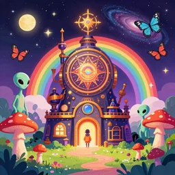 steampunk sanctuary, enchanted alien world, mushrooms on the ground, aliens, galaxy in the sky, butterflies, occult, illuminati, third eye, rainbows, bright colors, psychedelic, vector art, high contrast, fantasy poster by helen huang and frank frazetta and salvador dali and norman rockwell, anime style, 4 k