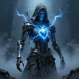 character design, biomechanical arcanist, tattered hood, glowing heart, blue lightning, blue mist, fog, scary, photorealistic, cinematic, hyper realistic, octane render, 8 k, wide angle