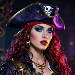 a head and shoulders portrait of a space pirate, neon, retro, steampunk, smooth, sharp focus, intricate, artstation, detailed concept art by Greg Rutkowski and Alphonse Mucha and Norman Rockwell