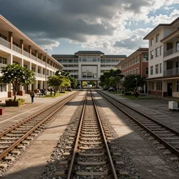 a high school plaza, railway tracks going through it