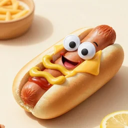 happy smiling hotdogs with googly eyes having fun, dripping with ketchup and mustard and cheese, photorealistic