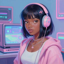 retro 9 0 s, black girl, lofi girl aesthetic, pastel, vaporwave colors, anime, futuristic, hyperrealistic painting, by stanley twardowicz, ilya kuvshinov, rossdraws