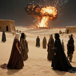 the long - shot of battle between bene gesserit women in full - face masks and harkonnens near the abandoned buildings under the sand in night arrakis desert, alien spaceship exploding, film still from the movie by alejandro jodorowsky with cinematogrophy of christopher doyle and art direction by hans giger, anamorphic lens, kodakchrome, very detailed photo, 8 k,