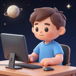a cartoon of a man sitting in front of a computer, space background, a screenshot by mœbius, pixiv, retrofuturism, toonami, y 2 k aesthetic, synthwave