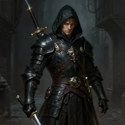 portrait of andrei andrei as a thief wearing black leather armor and wielding a dagger in a dark alleyway, fantasy, intricate, elegant, highly detailed, digital painting, artstation, concept art, matte, sharp focus, illustration, art by roberto ferri and greg rutkowski and alphonse mucha