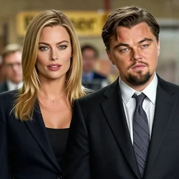leonardo dicaprio as the wolf of wall street next to sexy margot robbie as naomi from the wolf of wall street, hyper realistic faces, cinematic, long shot, hyper detailed, 8 5 mm photograph, 8 k resolution, film still, sharp lens, wide lens