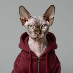 a portrait of a humanoid sphynx cat wearing a maroon hoodie, digital art