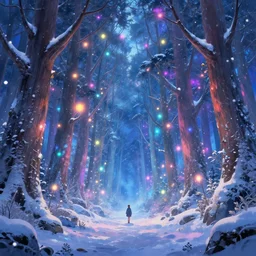 beautiful picture of a magical lights glowing different colours everywhere in the centre of blizzard in an enchanted beautiful forest, art by Daisuke Tsutsumi, fantasy art, trending on artstation, cgsociety, nice composition, great fantasy mood