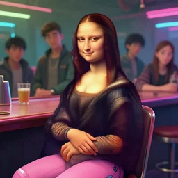 portrait of mona lisa wearing cyberpink skater clothes sitting at a cyberpunk bar. character design by disney, charlie bowater, ross tran, artgerm, and makoto shinkai, detailed, soft lighting, rendered in octane