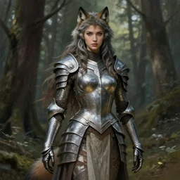 photo of a humanoid female she - wolf were a heroic dress an armour in the forest, long hair, highly detailed, digital painting, artstation, smooth, sharp focus, illustration, art by artgerm and greg rutkowski and alphonse mucha