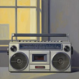a detailed painting of a boombox made with windows and a front door by edward hopper, 8 k, gradient shading, inspirational architecture, rembrandt lighting, golden hour