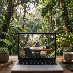 a photograph of a jungle, with an outdoor office set up in the immediate frame, point of view of a video call, wide angle, morning light