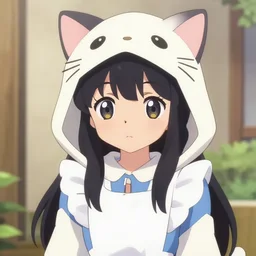 a cute anime girl wearing a cat hoodie in the style of america mcgee's alice