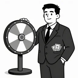 man suit spinning price wheel, money, dollars bills in pocket, cartoon, illustration , caricature, b&w, jet fighter background
