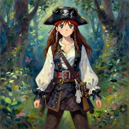 wide angle painting of a teenage pirate girl, a thrifty uniform, somewhat of an anime in impressionist style, fantasy forest background, trending artwork, illustrated in anime painter studio, by claude monet and an anime artist, collaboration