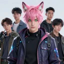 a beautiful portrait of a handsome anime male boy with pink hair and pink wolf ears and green eyes wearing cyberpunk clothes. character design by cory loftis, fenghua zhong, ryohei hase, ismail inceoglu and ruan jia. artstation, volumetric light, detailed, photorealistic, fantasy, rendered in octane