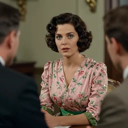 a extreme long medium full shot, german and eastern european mixture kodachrome slide depicting a queen with tan skin, short, rippling dark cinnamon hair, and emerald coloured eyes, having a meeting with the controller of local government boundary commission. she is depicted in a vintage historical fantasy 1 9 3 2 life magazine photograph wearing a pink floral patterned dress with green accessories.