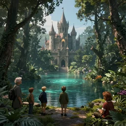 Magical Lake, Mystical Rainforest, Medieval Castel, Vladimir Kush, Esao Andrews, Maurice Sendak, Unreal Engine, octane render, vray, 4k, super wide angle