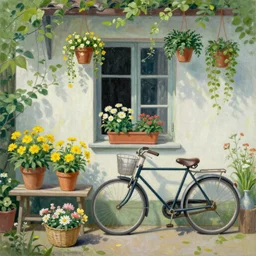 “A painting of a pretty garden with yellow flowers in pots on a bench, a basket of flowers on the ground, a vase with more flowers, and in the centre, there's a window. On the sill is another planter with flowers and above the window is a spectacular array of hanging plants. In front of the window, propped up against the sill is an old pushbike”