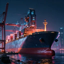 photo of immense gigantic industrial futuristic cargo ship arrives at cyber punk city sea port,dark cinematic lighting, vibrant colour scheme,