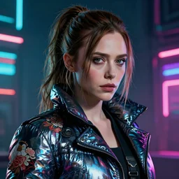 detailed film still of portrait neon operator elizabeth olsen in the movie resident evil, messy ponytail, cyberpunk futuristic, neon, dark fantasy art, reflective puffy coat, decorated with traditional japanese by smail inceoglu dragan bibin hans thoma greg rutkowski alexandros pyromallis nekro, illustrated, perfect face, fine details, realistic shaded, fine - face, pretty face
