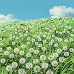A wide-up shot of a sea of withe dandelions with green wind blowing, anime style, Studio Ghibli style, cel shading, 4k, artistic and detailed,