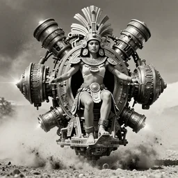 old vintage full body  photo of  ancient Mexican warrior female  on the complex big steam punk airboard with antigravity engine,  extreme sports photography , dynamic photography,symmetrical face, beautiful female face, slim body, high speed,dirt and grawel flying in the spot,  lens flares, dust in the air, dramatic lighting, intricate, highly detailed, centered, smooth, sharp focus,  sports photography, old photo, black and white, sepia, cinematic lighting, cinematic angle,  national geographic