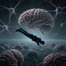 a man free falling down an infinite psychedelic brainscape, alone in space, side view, neruon brain storm, falling through space, loneliness, psychological horror, acid trip space background, gloomy colors, depressing, realistic 8k photo