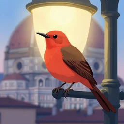 closeup of a rufous nightingale sitting on a lamp post at dawn in florence 1 8 2 0, lit from beneath, manga, clean cel shaded vector art. shutterstock. behance hd by lois van baarle, artgerm, helen huang, by makoto shinkai and ilya kuvshinov, rossdraws, illustration,