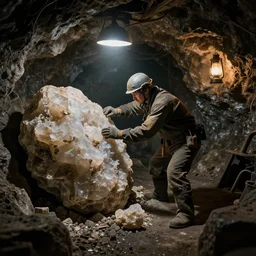 a miner in the depths of a mineshaft mining a giant crystalline ore, the mineshaft is lit by hanging lanterns, the mine is dark, highly detailed, extremely high quality, hd, 4 k, 8 k, professional photographer, 4 0 mp, lifelike, top - rated, award winning, realistic, detailed lighting, detailed shadows, sharp, no blur, edited