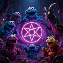8k hyper realistic detailed image swirl of unholy Cookie Monster rites in a coven of Muppets, Black Frank the goat and neon pentagram in the center, rich deep colors, neon colors, cinematic shot by Alfonso Cuaron, part by Gaspar Noe, ultra detailed