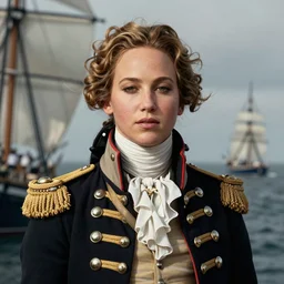 Portrait of Jennifer Lawrence as Admiral Nelson during the Battle of Trafalgar, detailed, high quality, cinematic, elegant