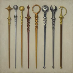 a beautiful painting of assorted wizard staves, art by keith parkinson and greg rutkowski and tim hildebrandt