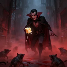 a vampire made out of string cheese is stalking prey in a desolate alleyway. A blood-red fog is settling in. Gorgeous Digital painting by Rembrandt. Trending on artstation.