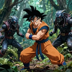 Black-haired Saiyan warrior, fighting Yautja Predator in the jungle, 1987 cinematic, film quality