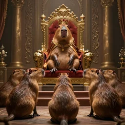 A capybara king is sitting on a throne, the others are kneeling before him, inside of his throne room, photorealistic 4K, in the style of Hachmyta, detailed, epic, trending on artstation